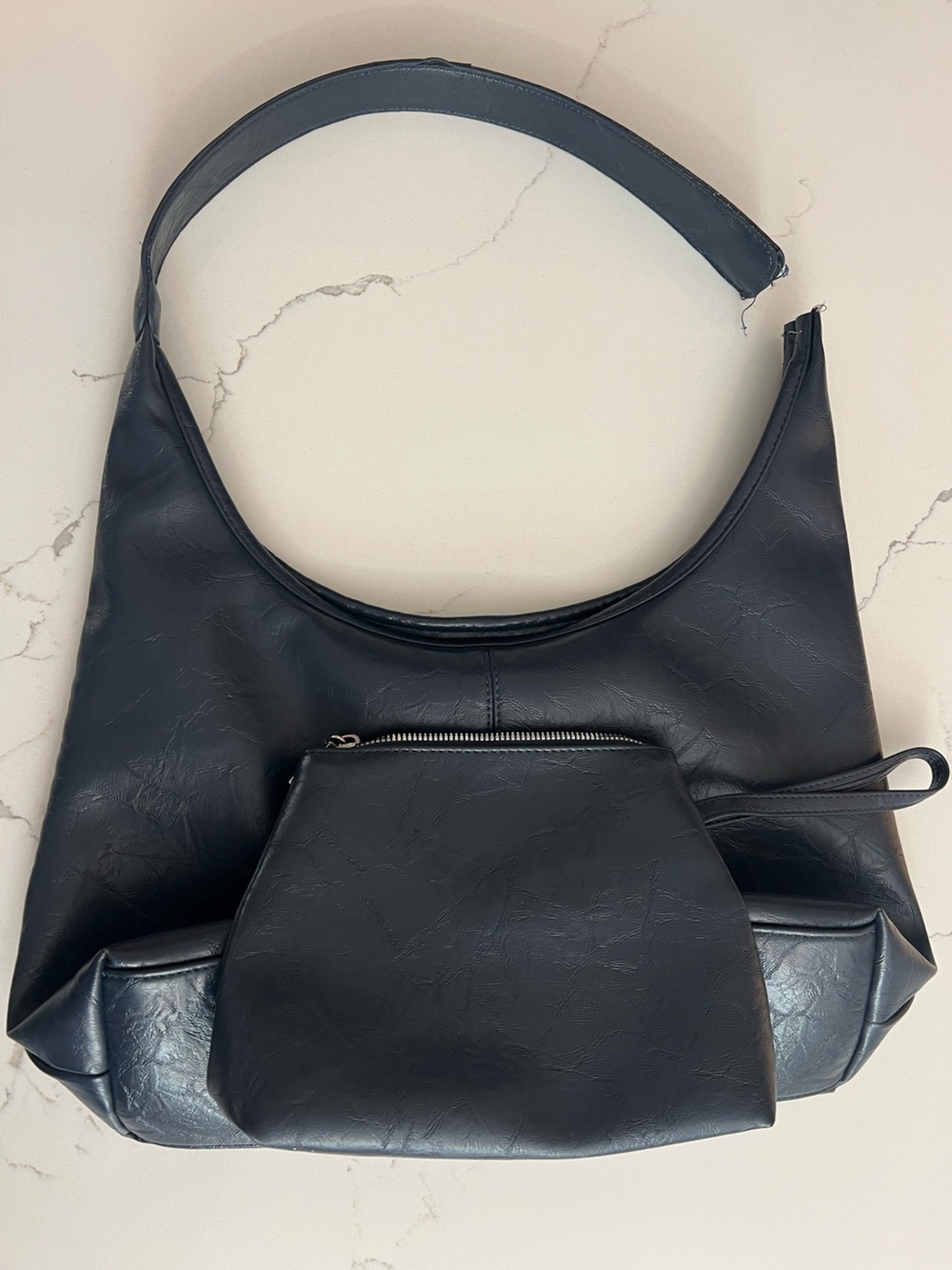 Noirvere Distressed Vegan Leather Hobo Bag/Tote Navy Blue | Broken Strap